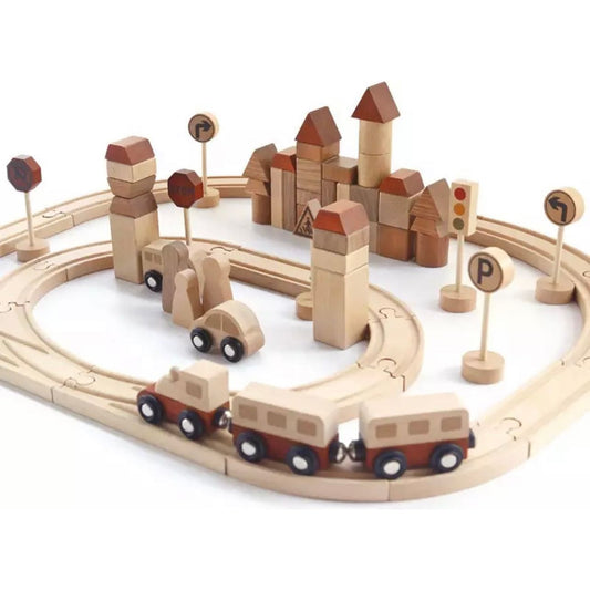 Wooden Natural Play Train Track & Block Set