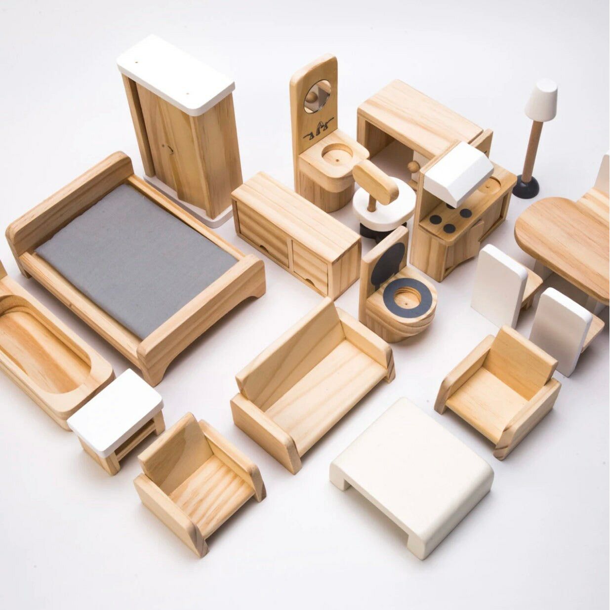 Grey Wooden Open Doll House and Furniture
