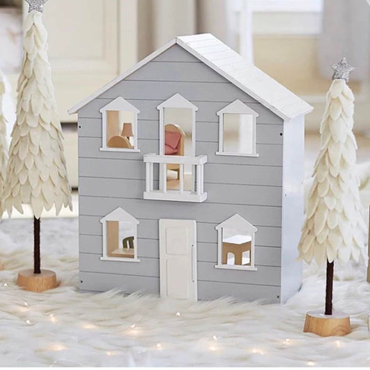 Grey Wooden Open Doll House and Furniture