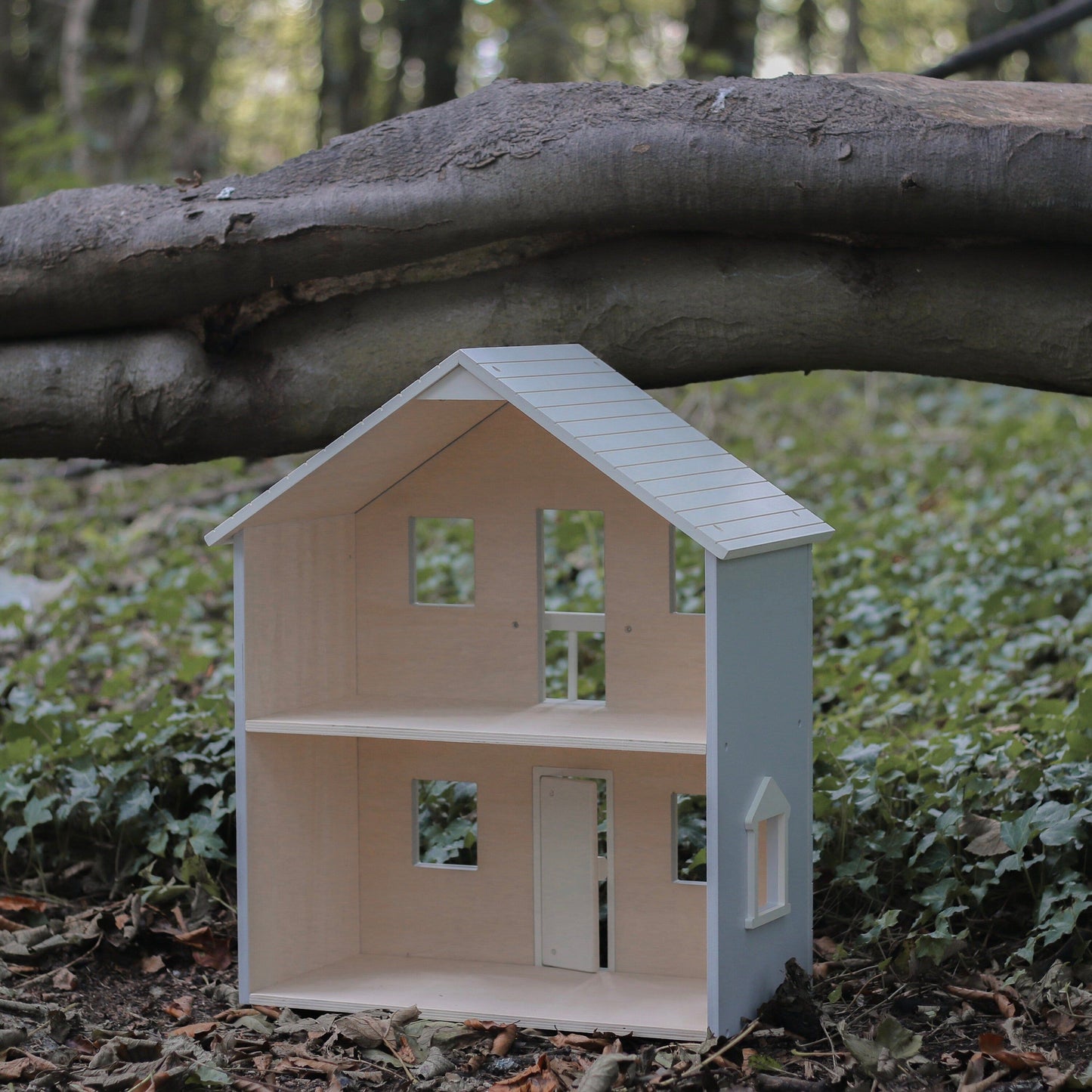 Grey Wooden Open Doll House and Furniture