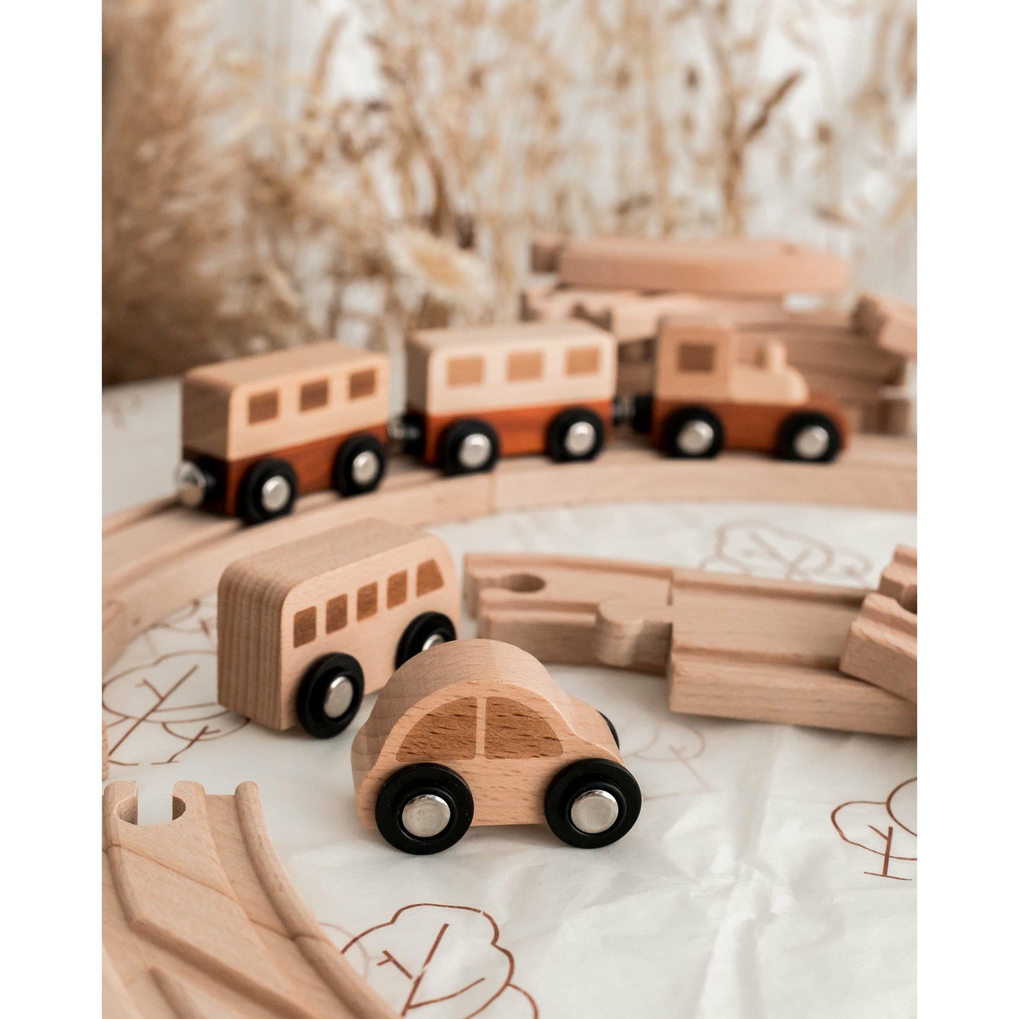 Wooden Natural Play Train Track & Block Set