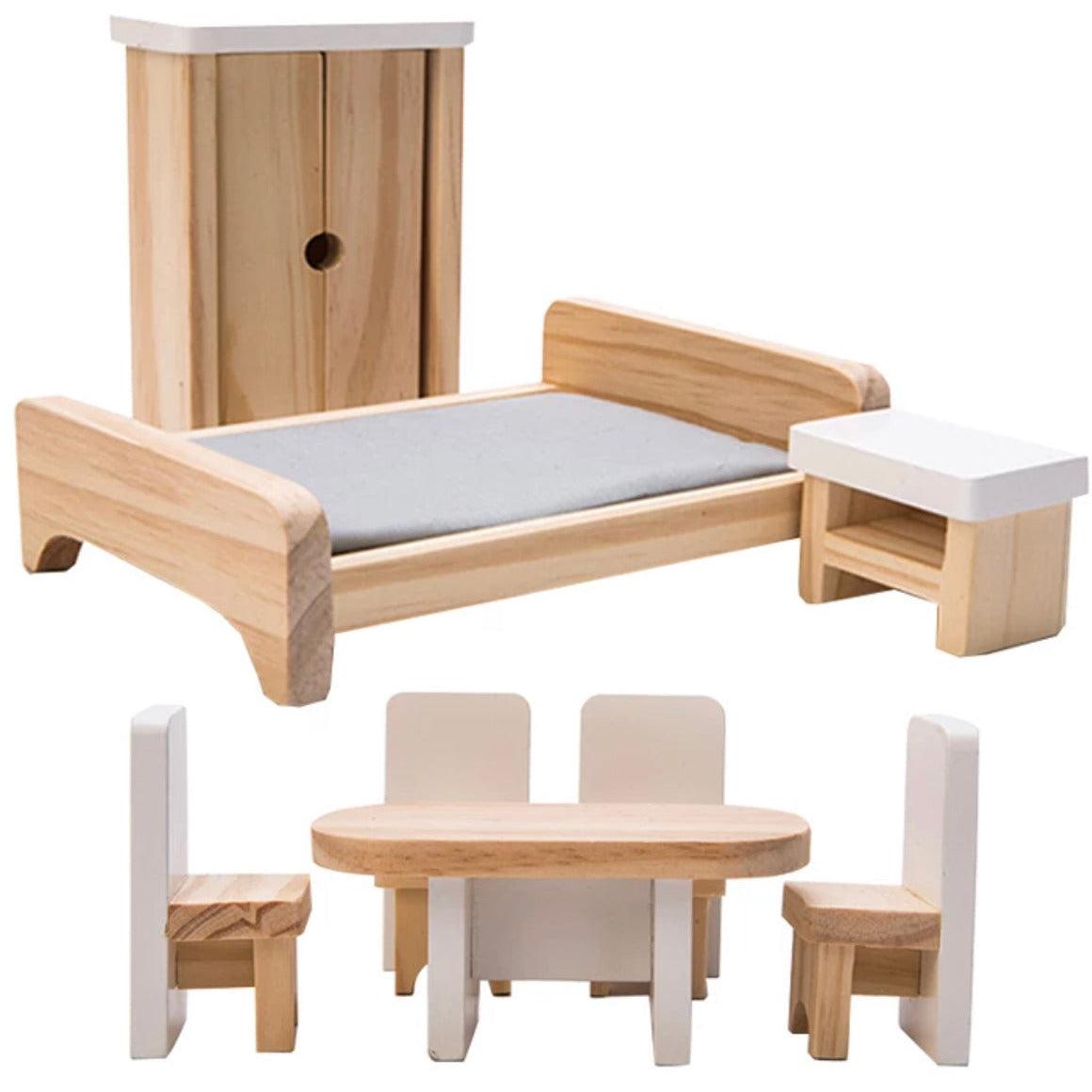 Grey Wooden Open Doll House and Furniture
