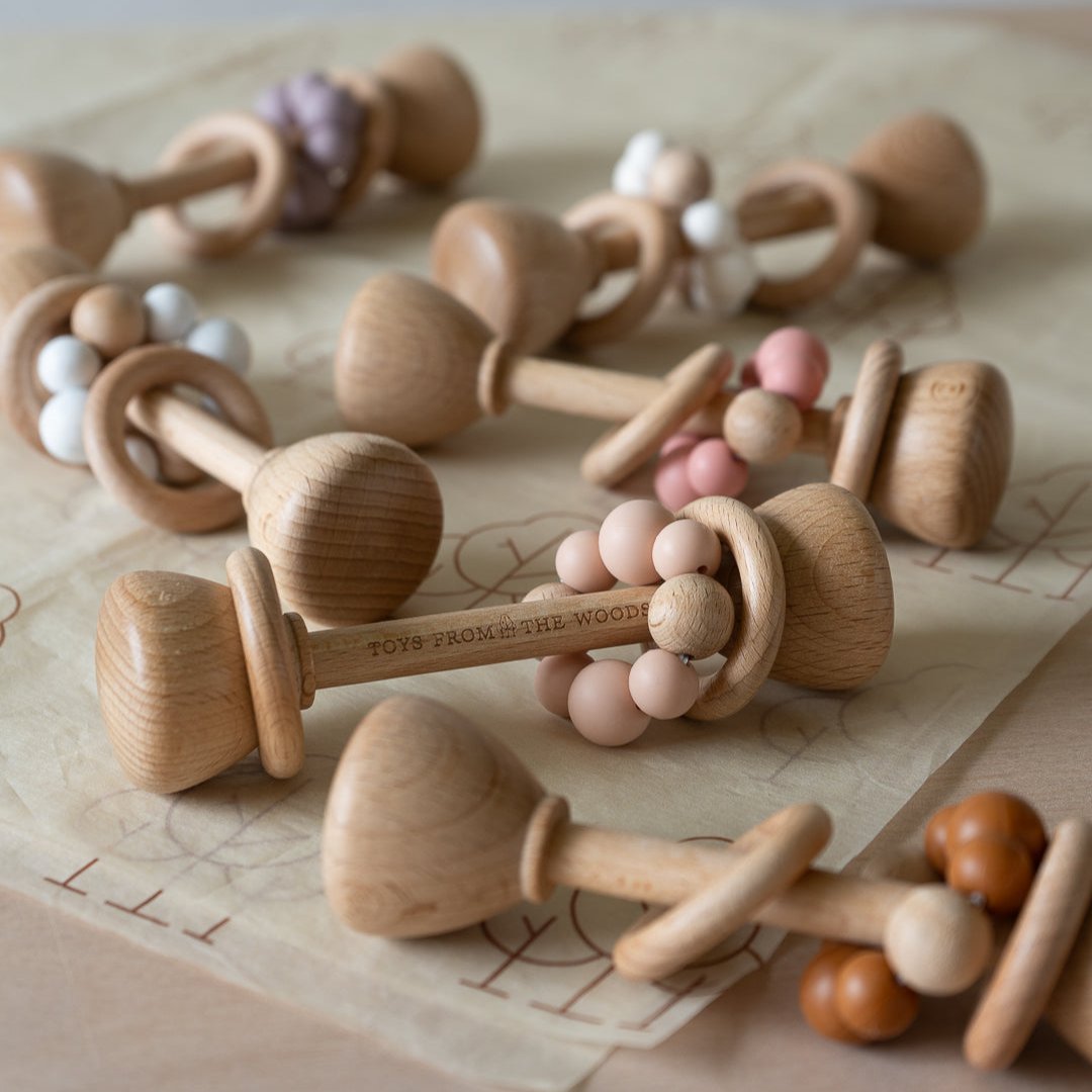 Wooden Baby Dumbbell Rattle with Silicone Beads