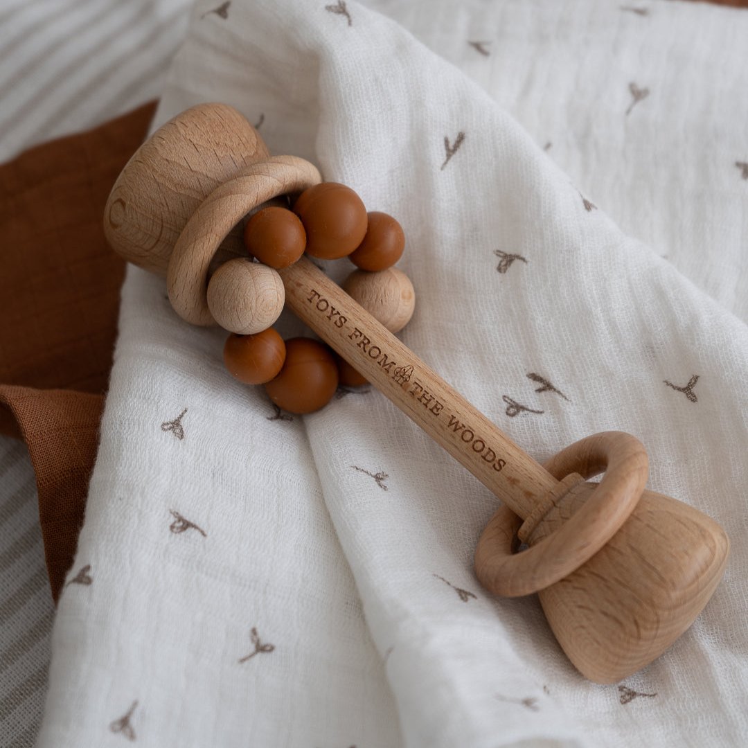 Wooden Baby Dumbbell Rattle with Silicone Beads