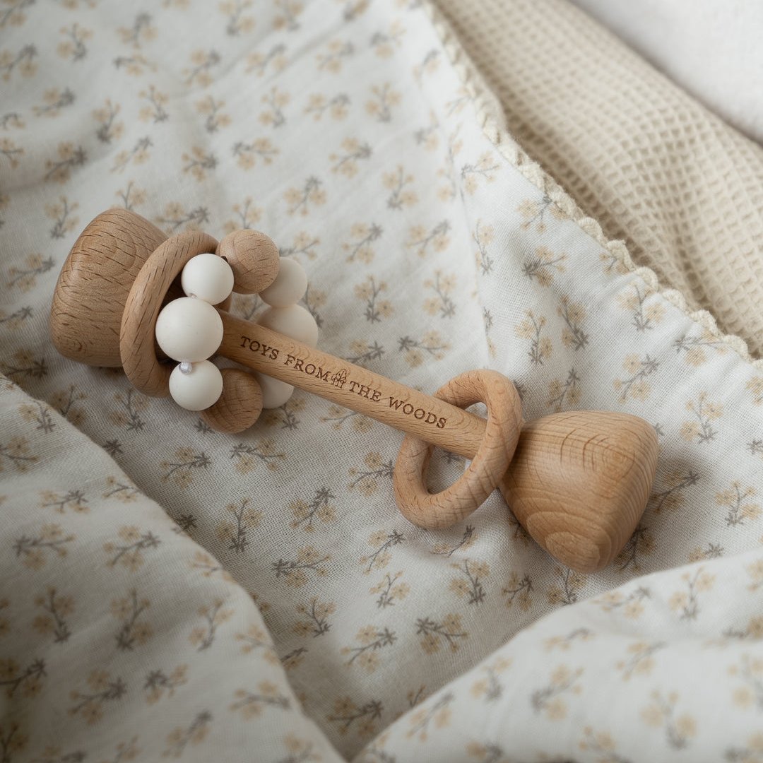 Wooden Baby Dumbbell Rattle with Silicone Beads