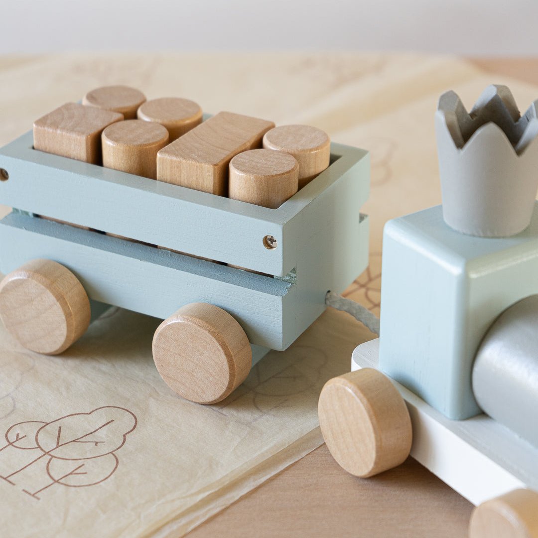 Blue Wooden Pull Along First Train with Wooden Blocks