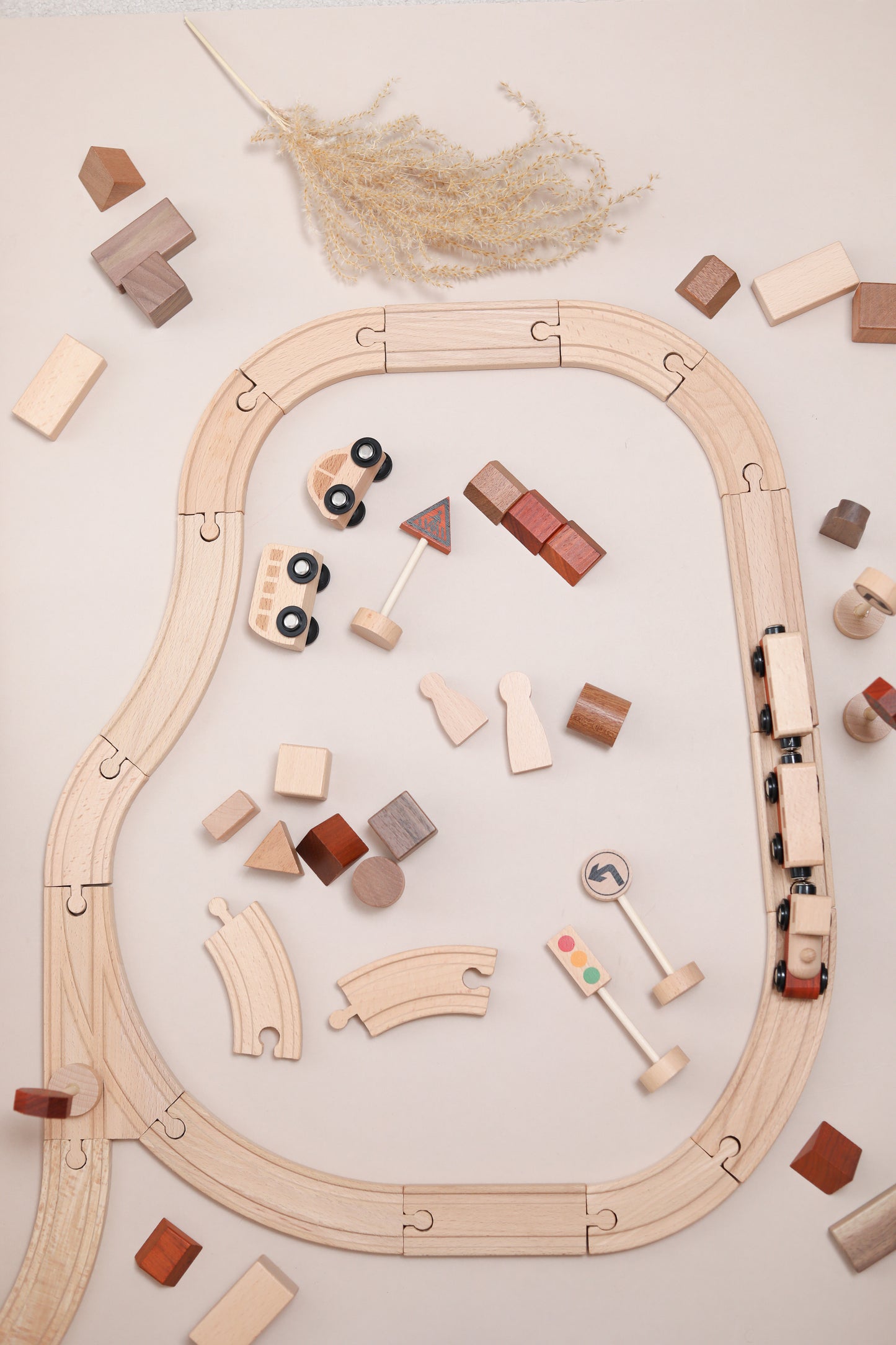 Wooden Natural Play Train Track & Block Set