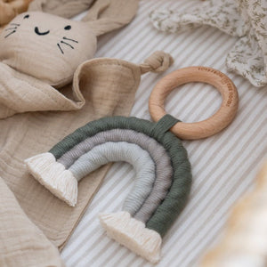 Baby Wooden Rattle, Rainbow Macrame Teether