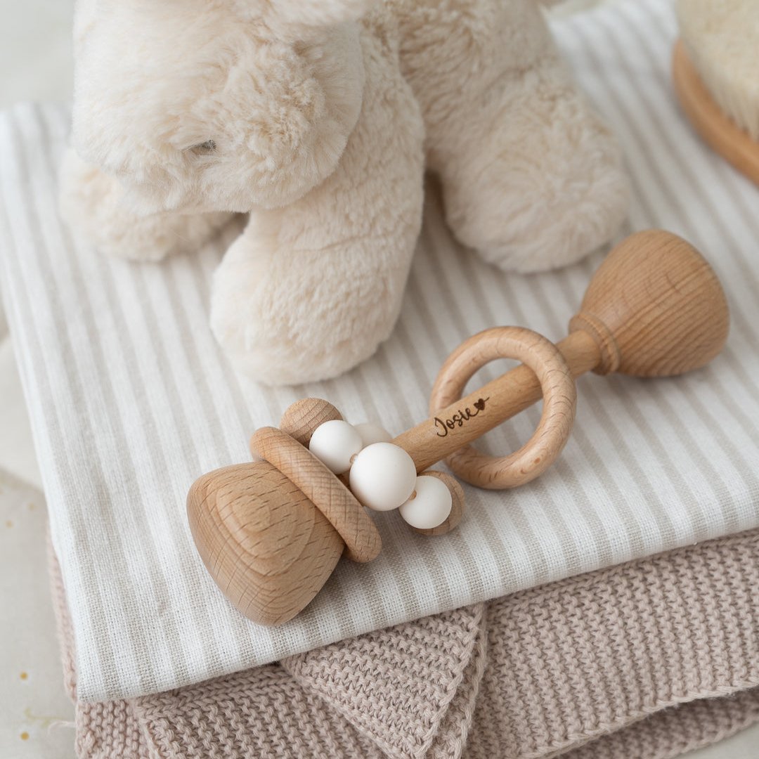 Wooden Baby Dumbbell Rattle with Silicone Beads