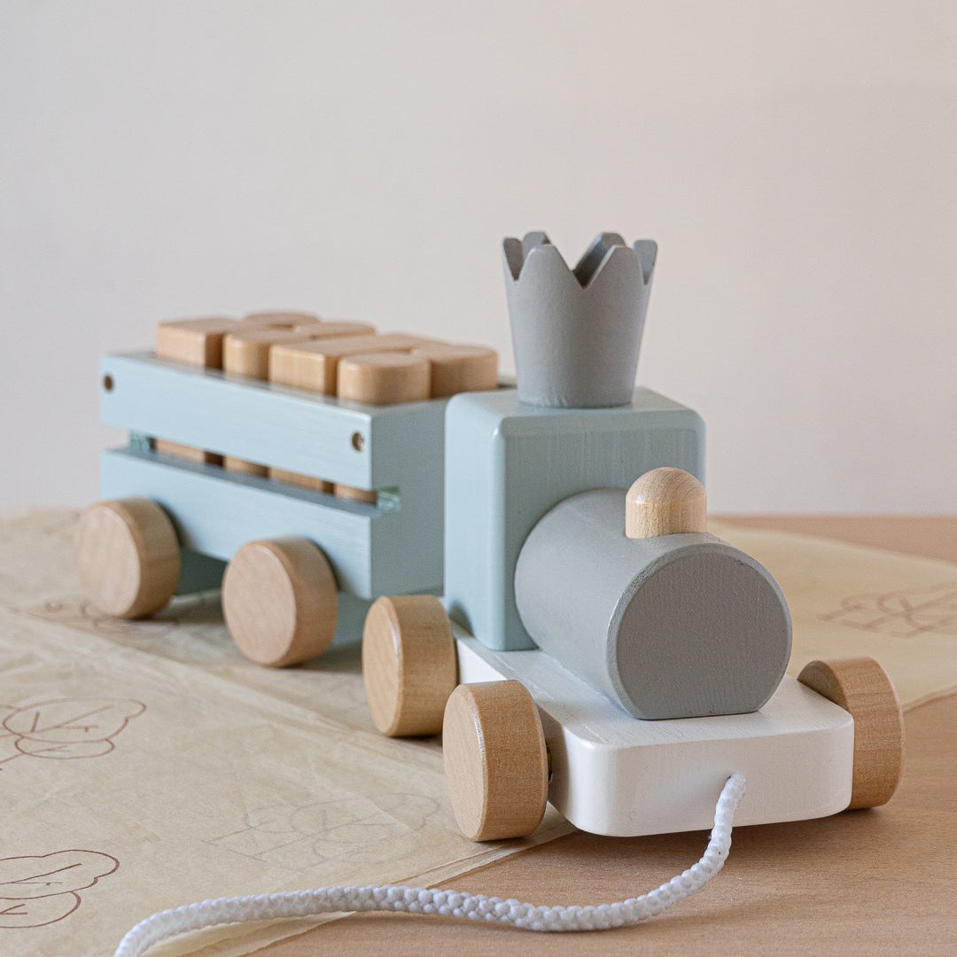 Blue Wooden Pull Along First Train with Wooden Blocks