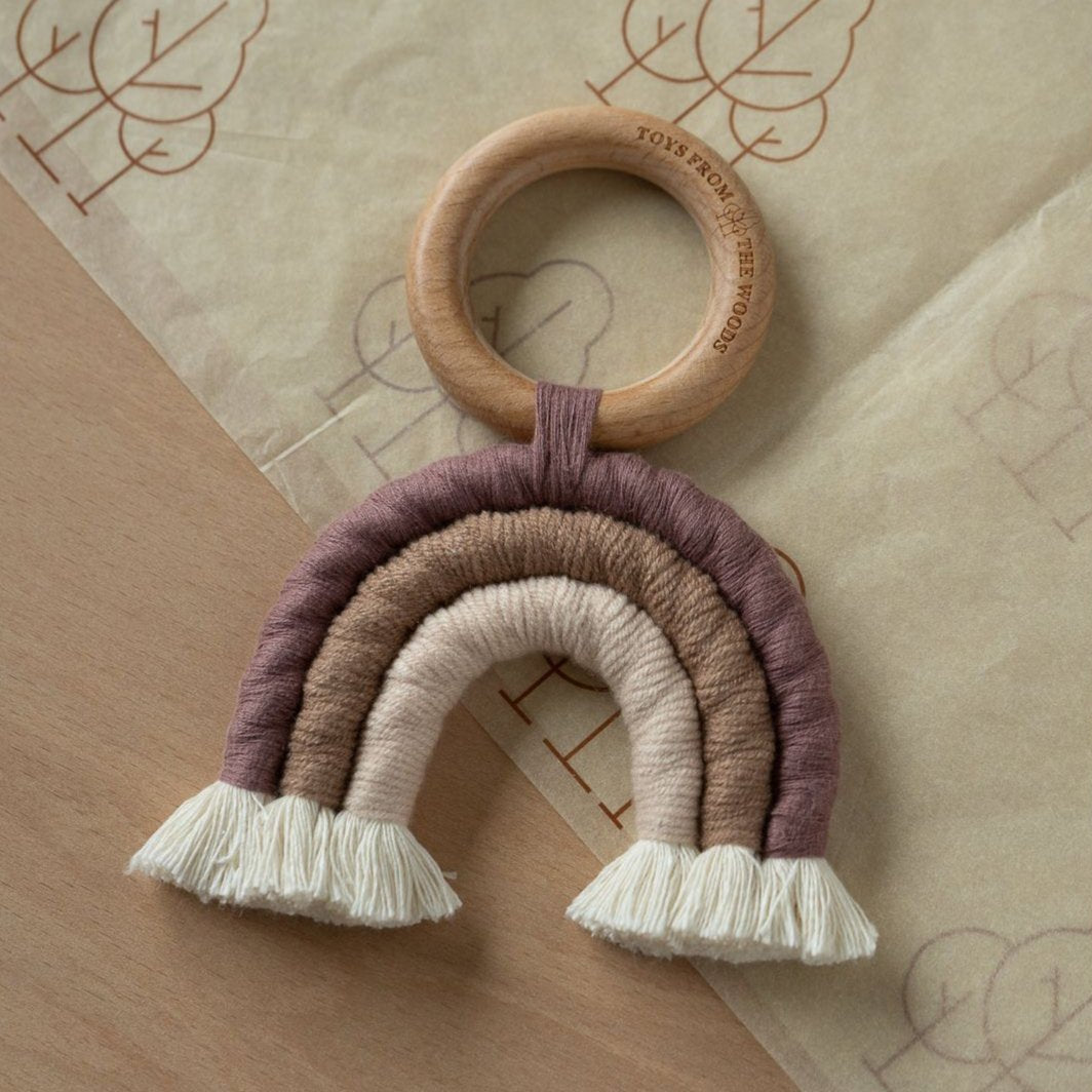 Baby Wooden Rattle, Rainbow Macrame Teether