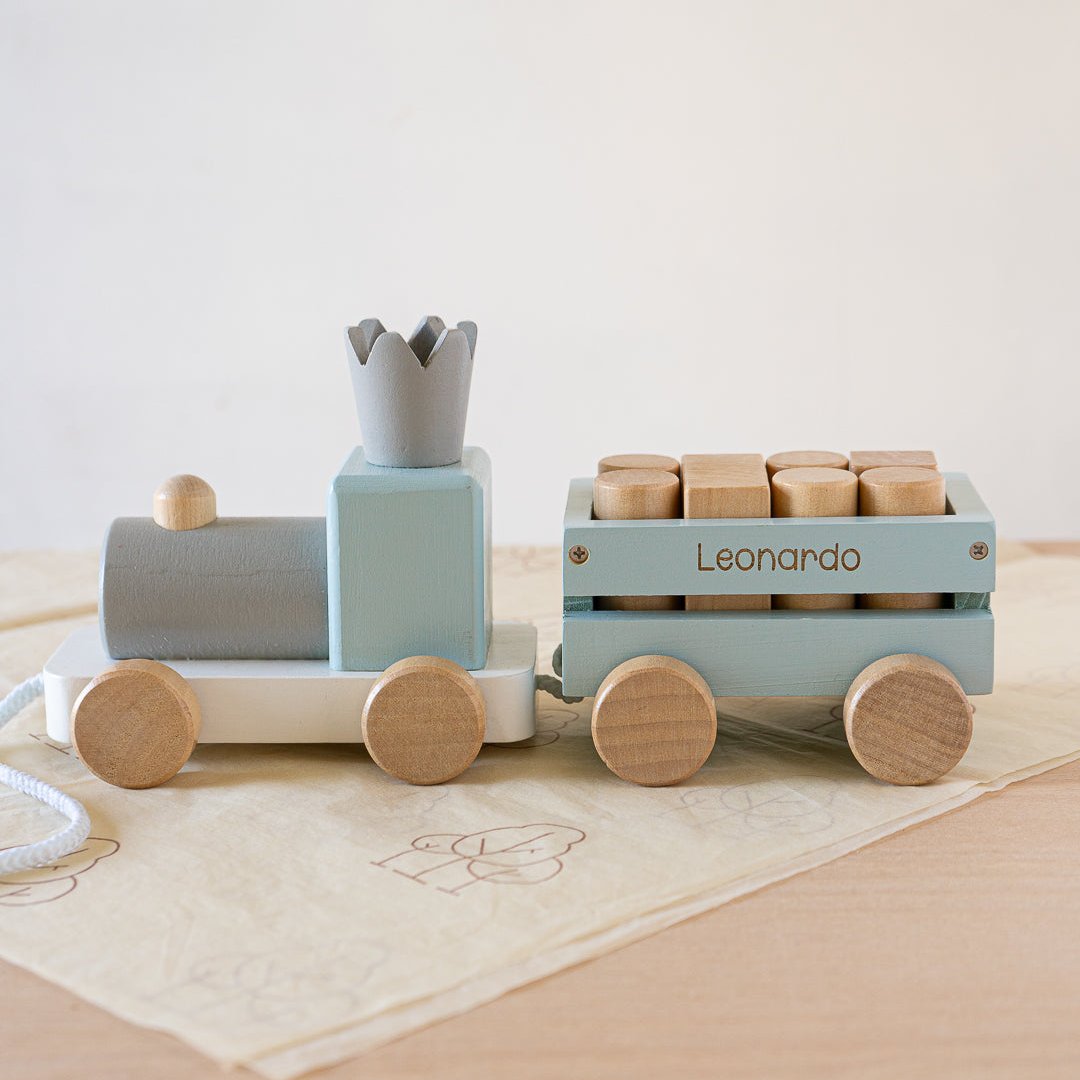 Blue Wooden Pull Along First Train with Wooden Blocks