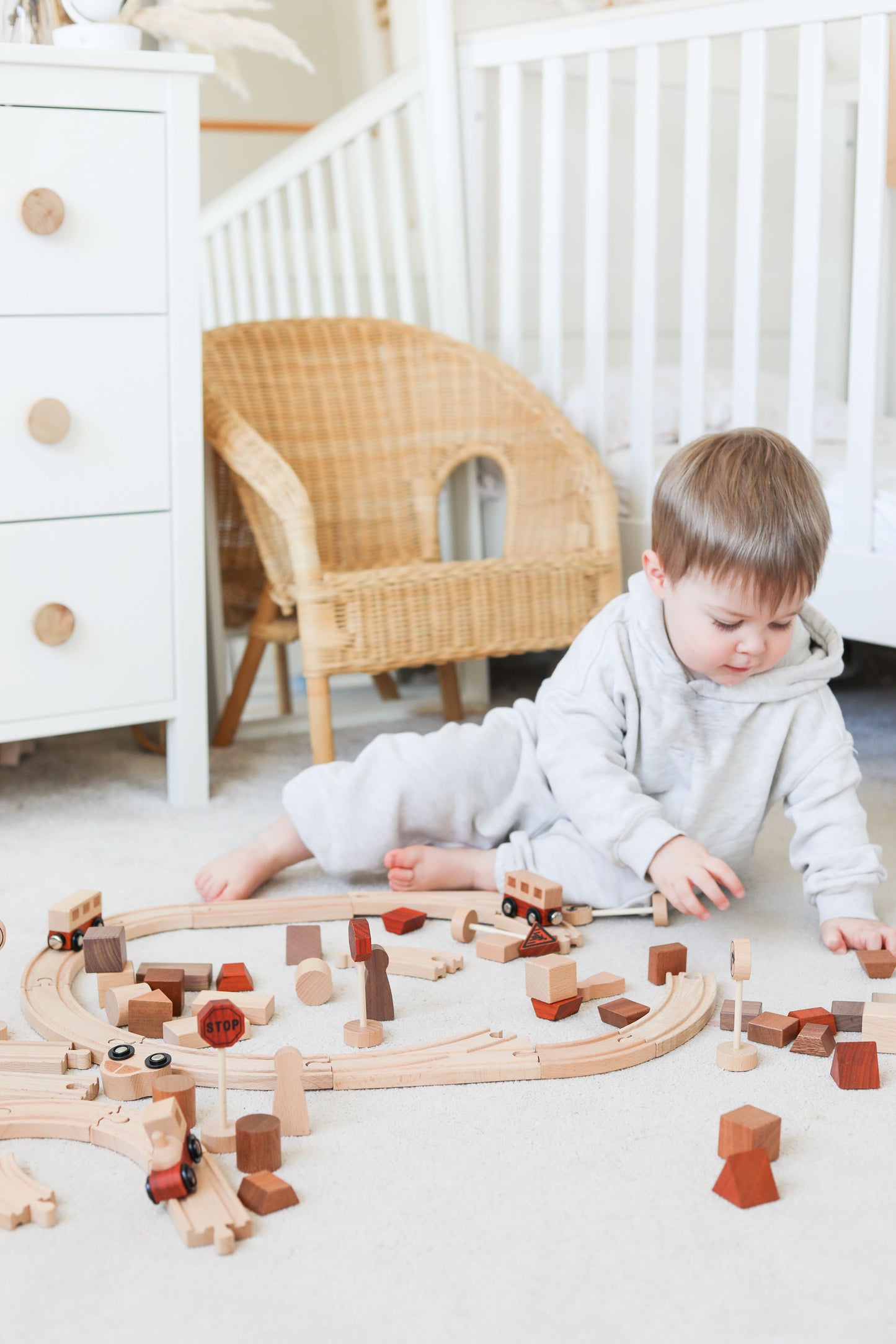 Wooden Natural Play Train Track & Block Set