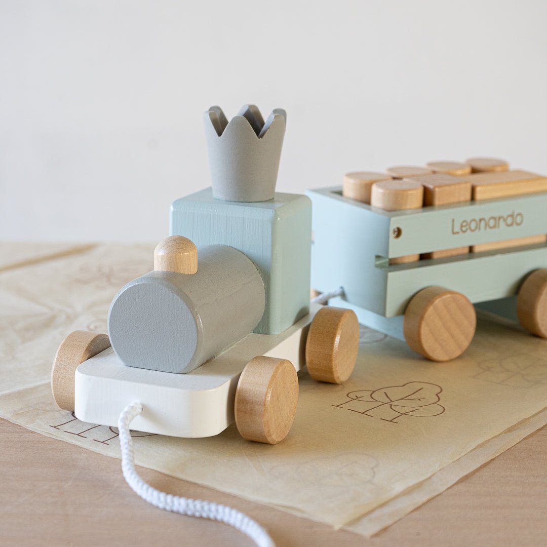 Blue Wooden Pull Along First Train with Wooden Blocks