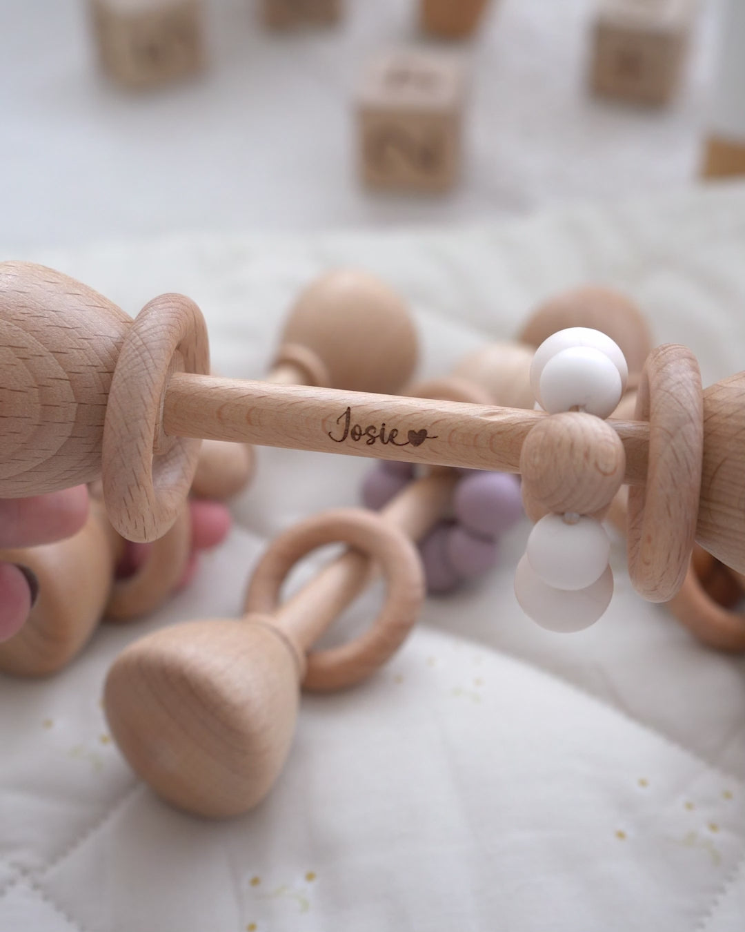 Wooden Baby Dumbbell Rattle with Silicone Beads