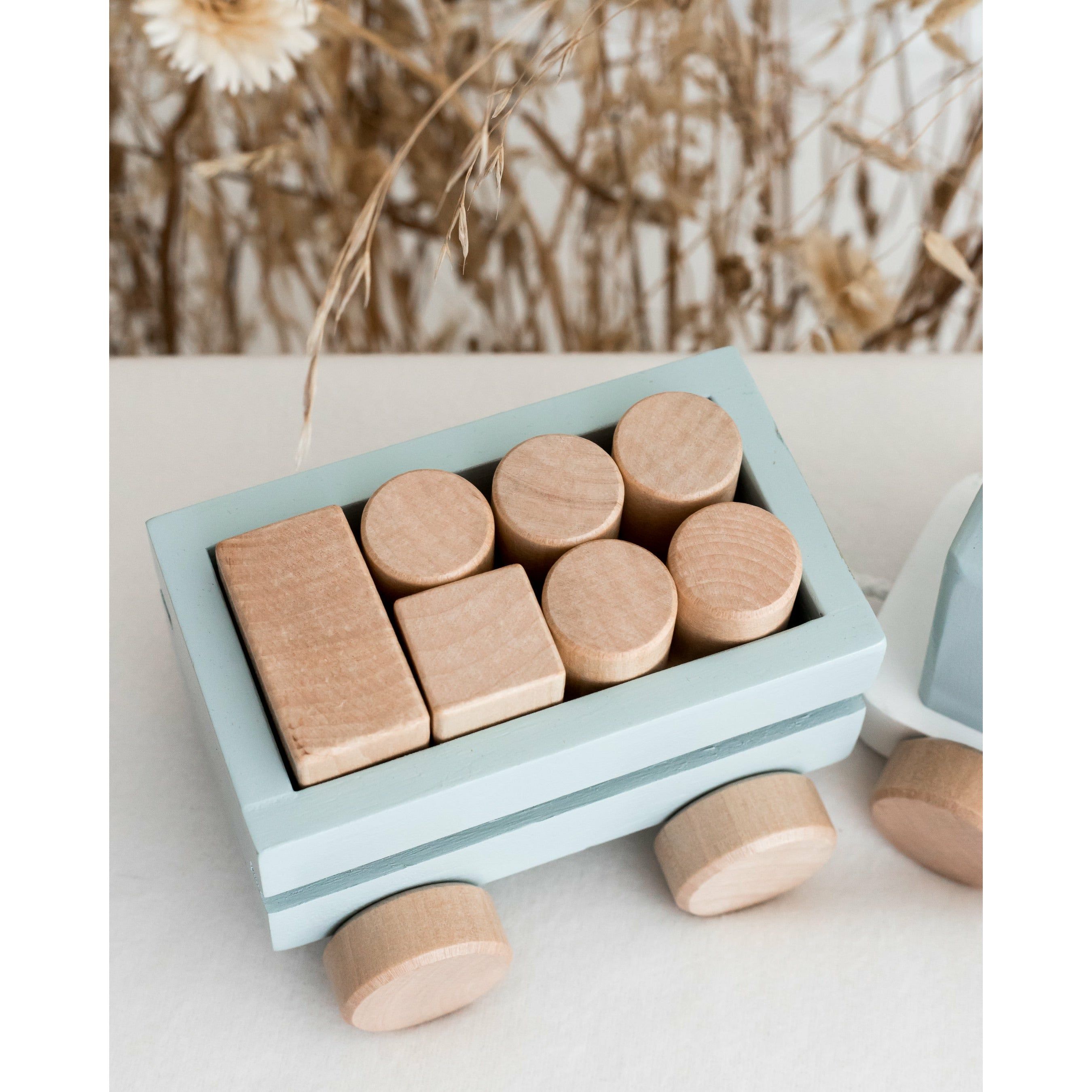 Blue Wooden Pull Along First Train with Wooden Blocks