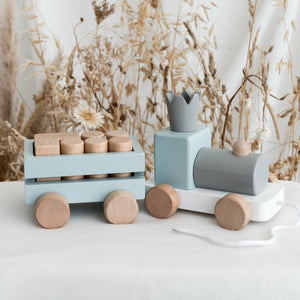 Blue Wooden Pull Along First Train with Wooden Blocks