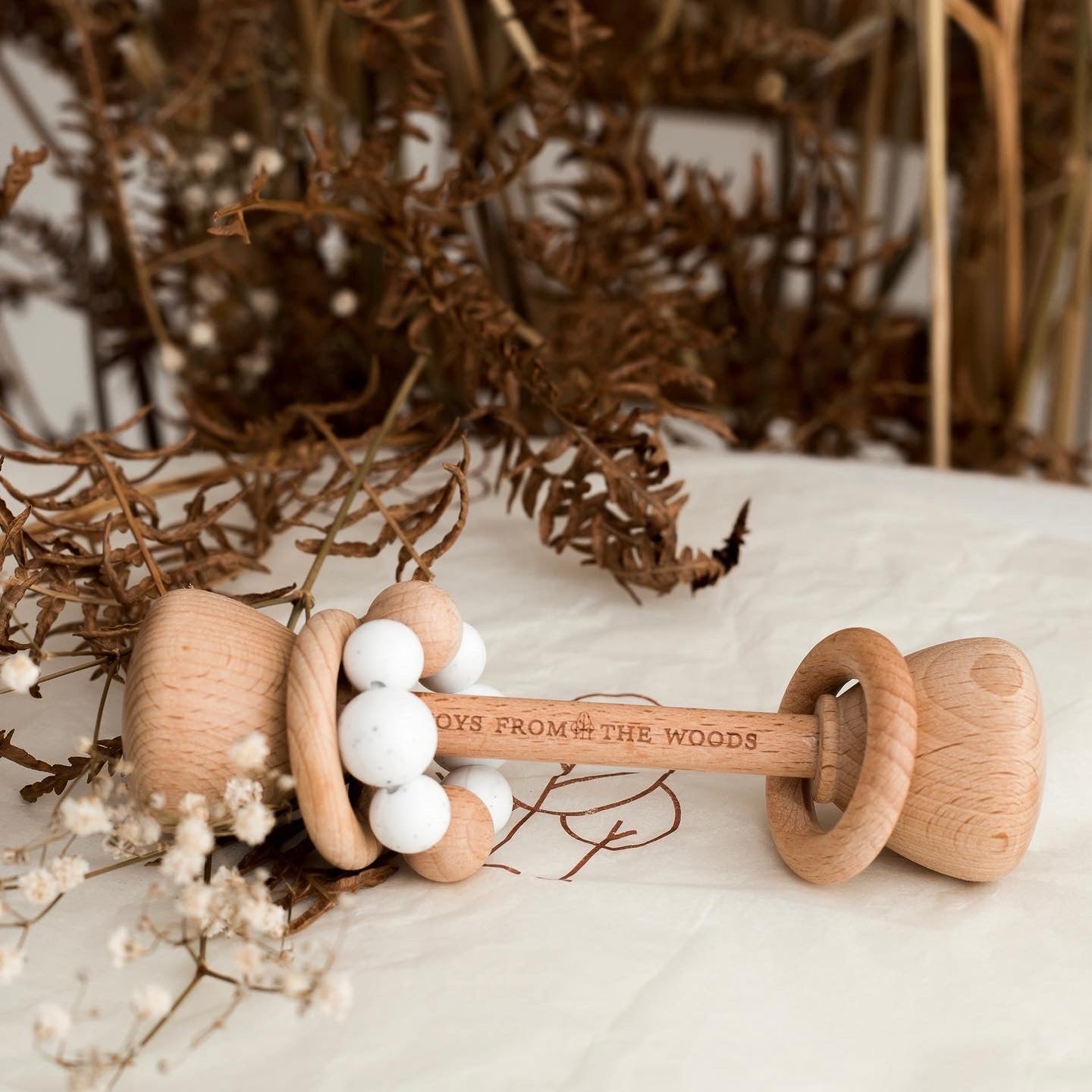 Wooden Baby Dumbbell Rattle with Silicone Beads