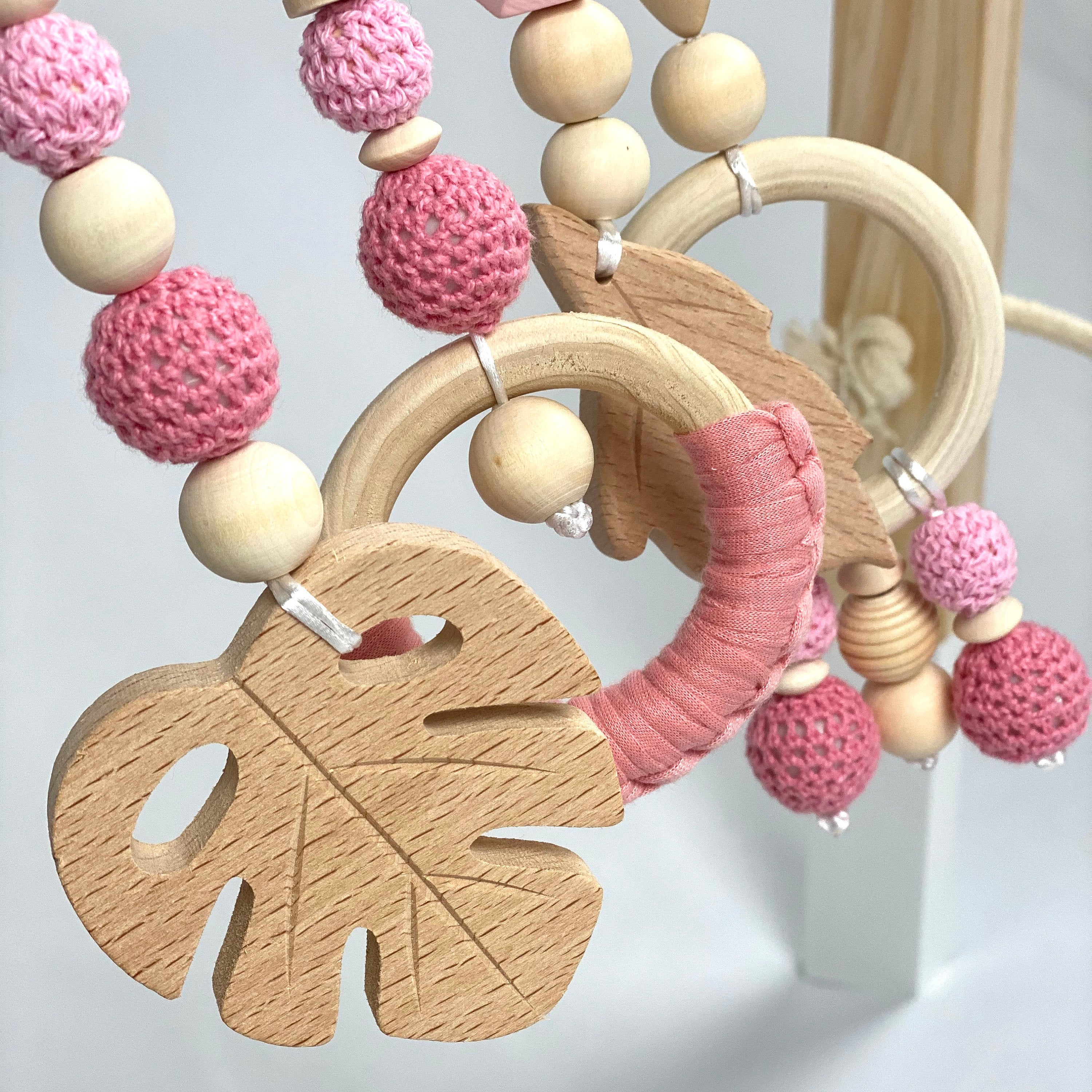 Wooden Baby Play Gym with Pink Hanging Toys