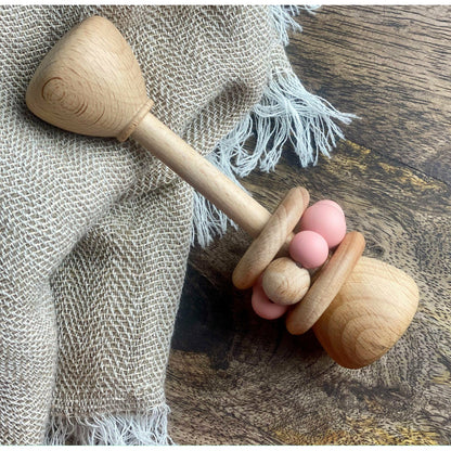 Wooden Baby Dumbbell Rattle with Silicone Beads