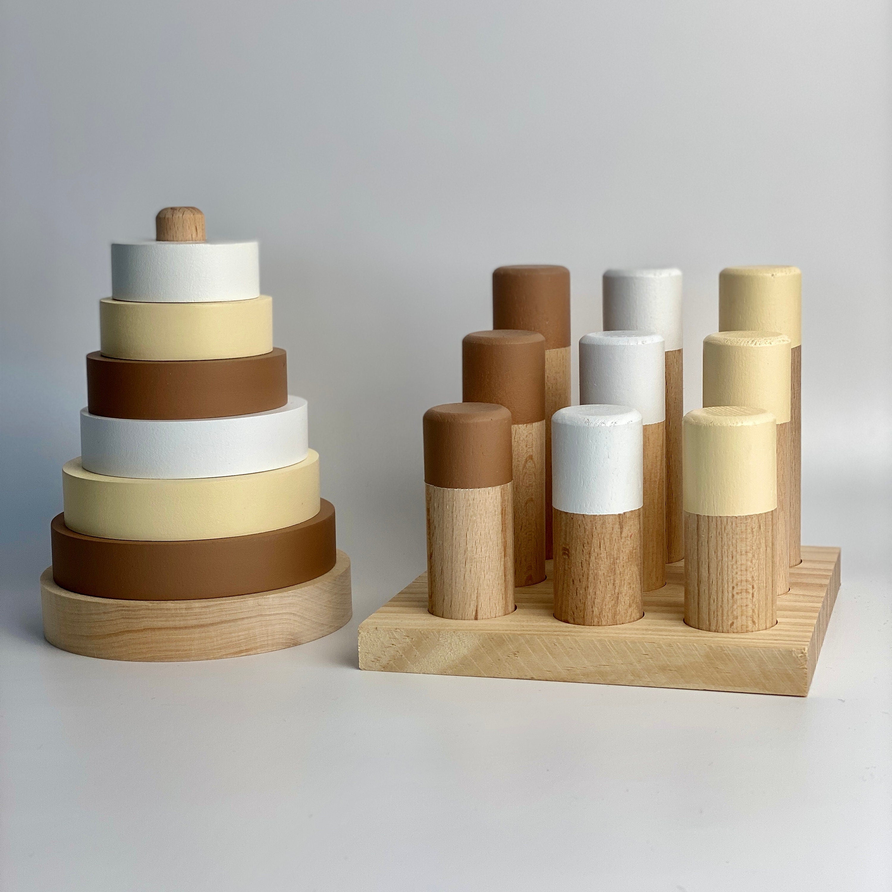 Sand Wooden Stacking Pyramid & Peg Board Sorter