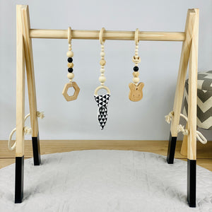Wooden Baby Play Gym with Black Hanging Toys