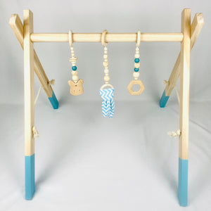 Blue Wooden Baby Play Gym with Hanging Toys
