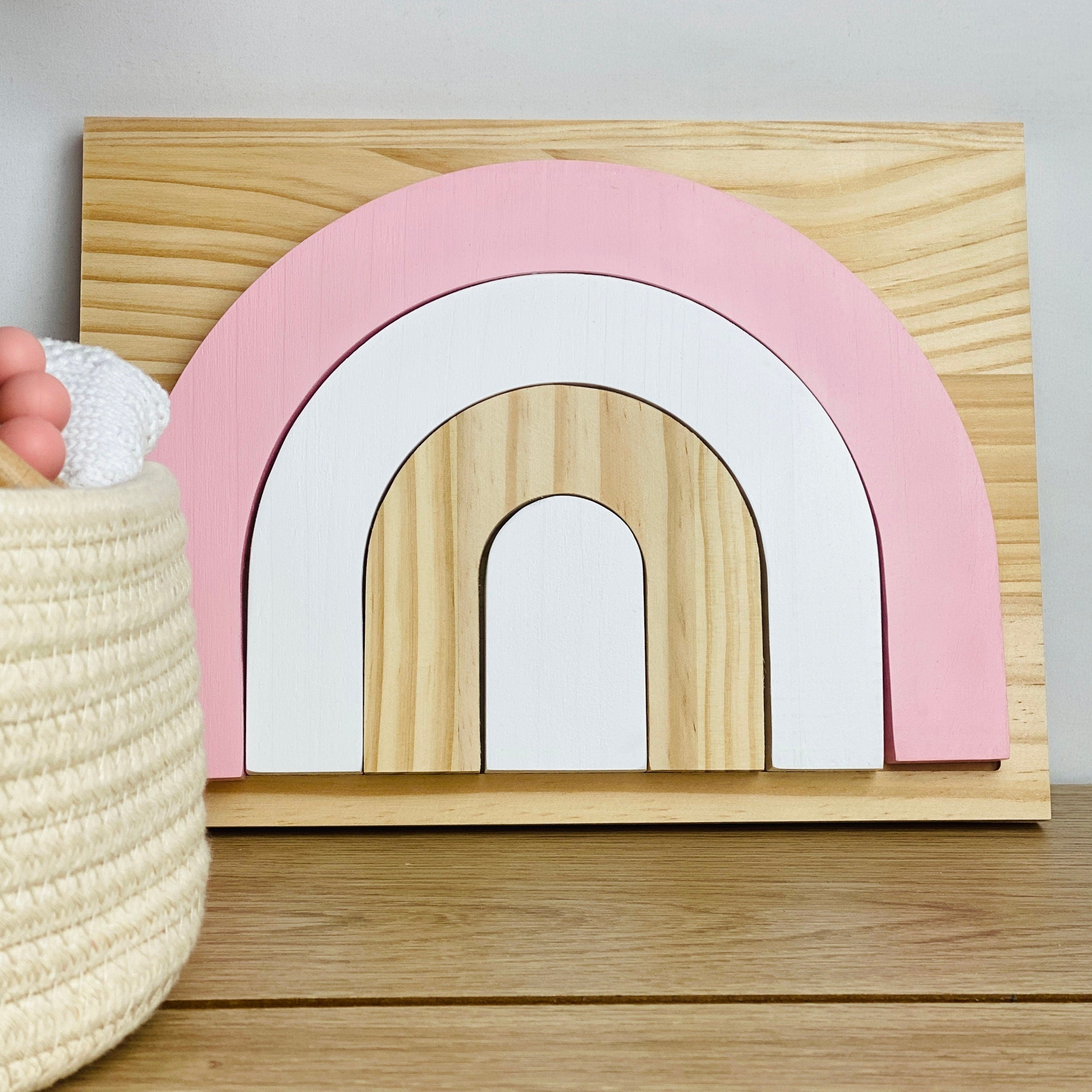 Pink Wooden Rainbow Puzzle Board, Nursery Decor