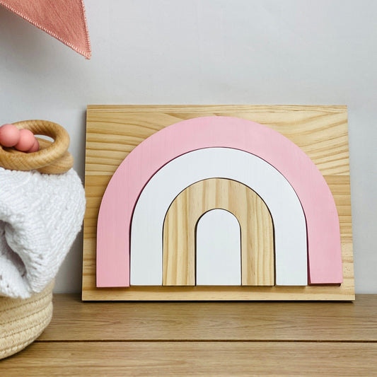 Pink Wooden Rainbow Puzzle Board, Nursery Decor