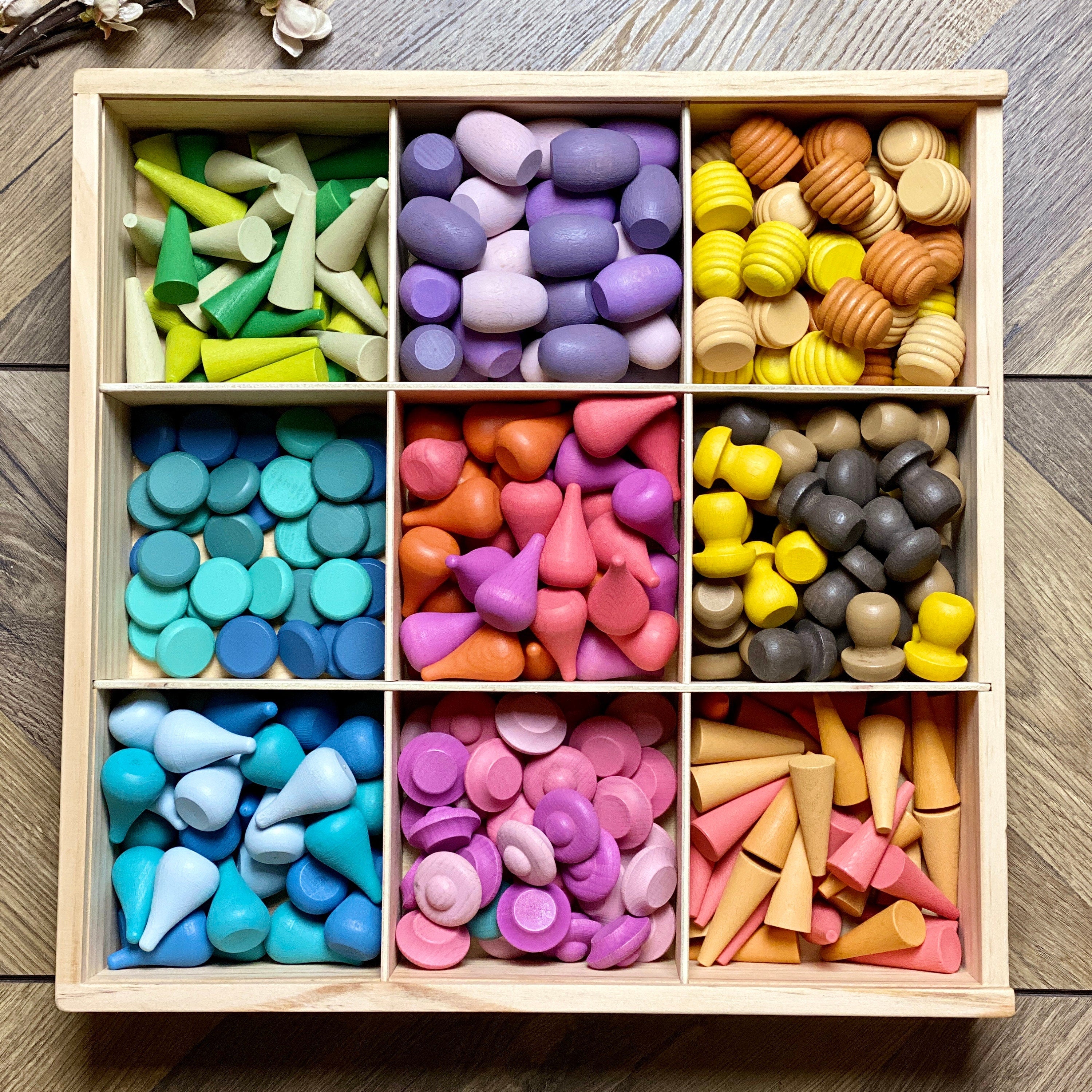 Large 324 Piece Set of Wooden Loose Parts with Tray