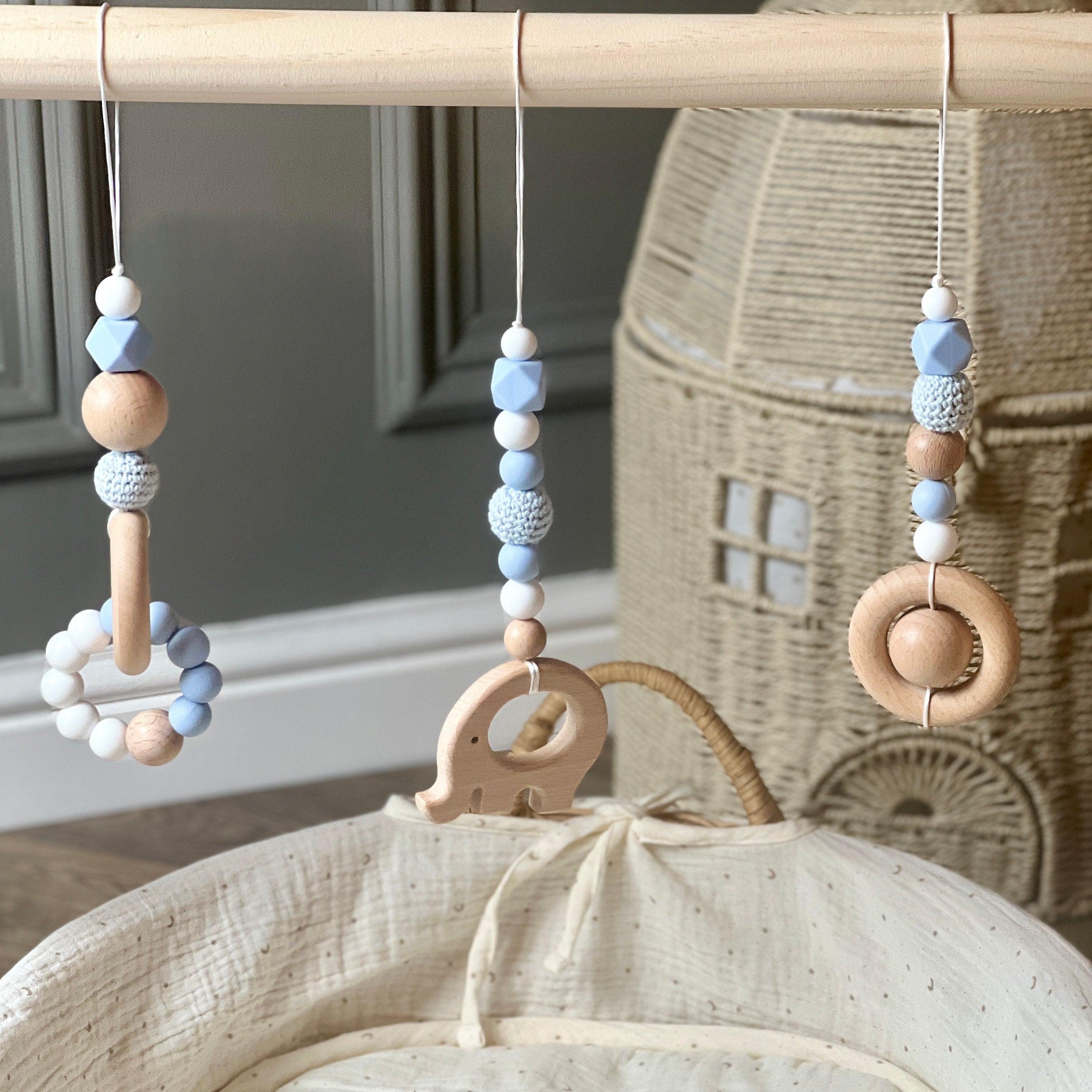 Wooden Baby Play Gym with Blue Hanging Toys