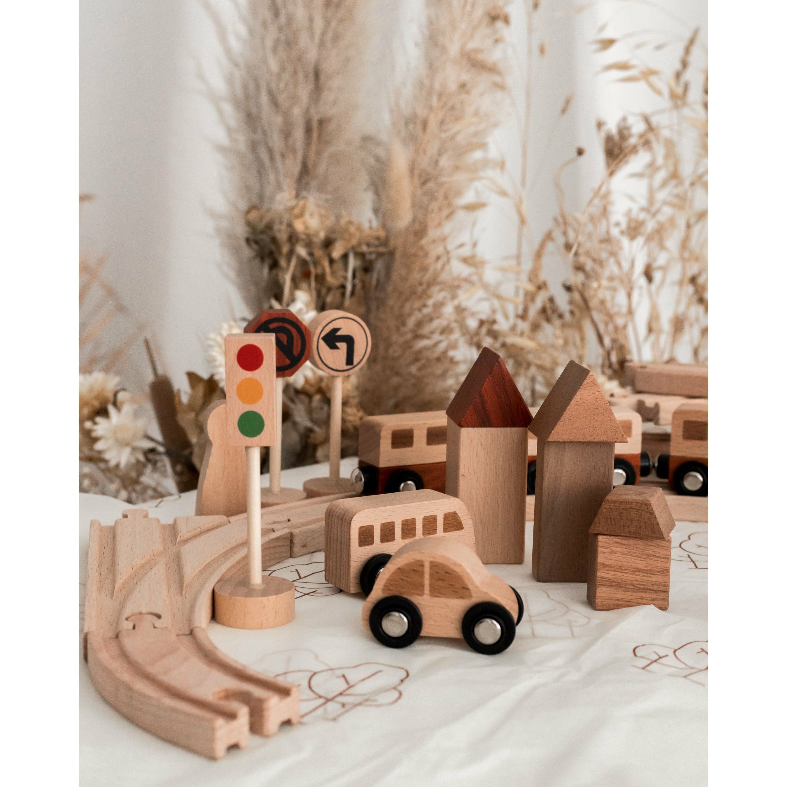 Wooden Natural Play Train Track & Block Set